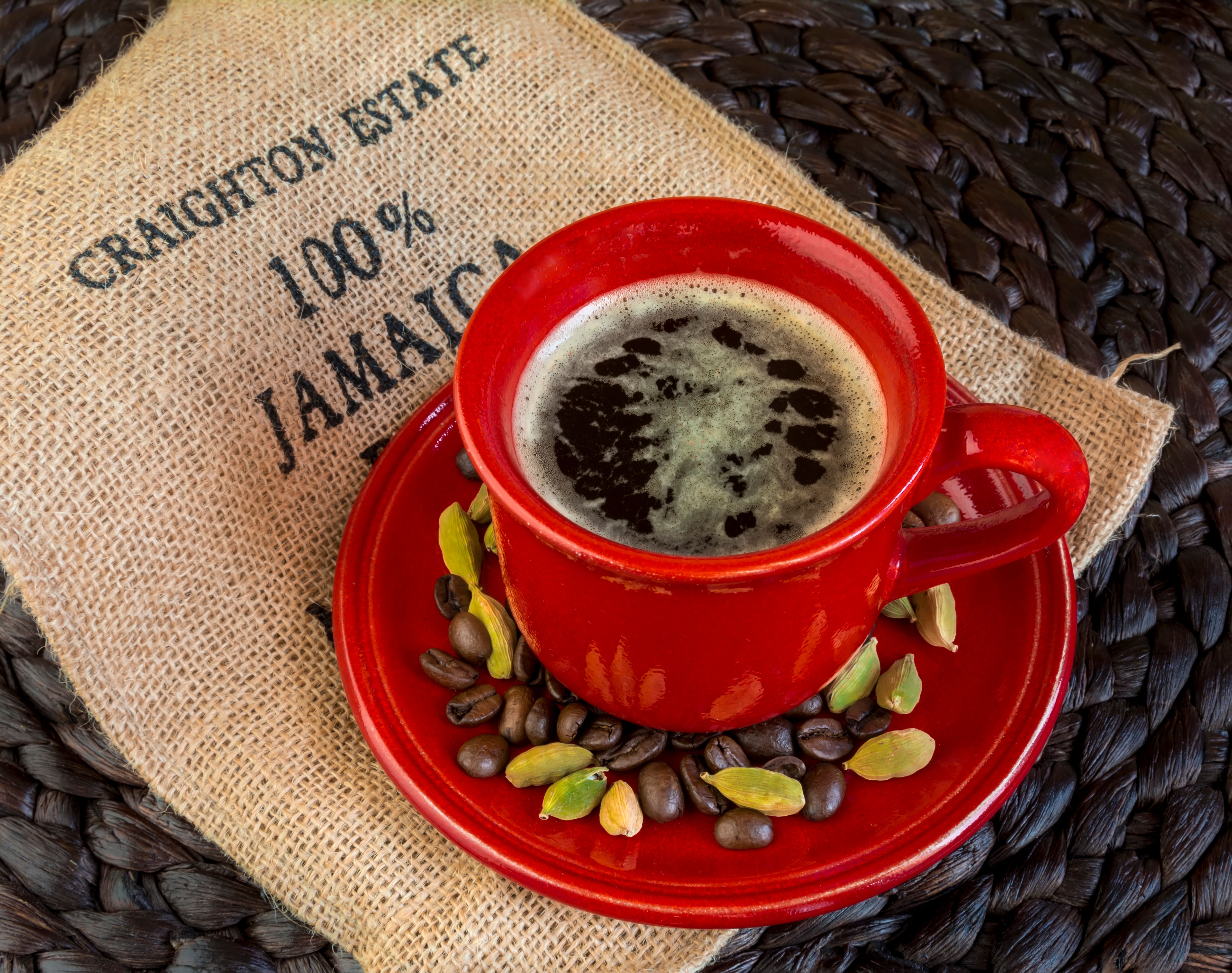Red Coffee Cup on 100% Jamaica Hessian Sack