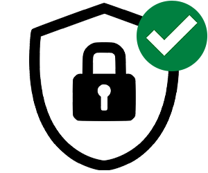 Black shield with black padlock centred and green tick - stylised to icon