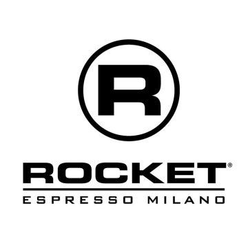 Black and white rocket logo - Large Type R in circle with words Rocket Espresso Milan underneath