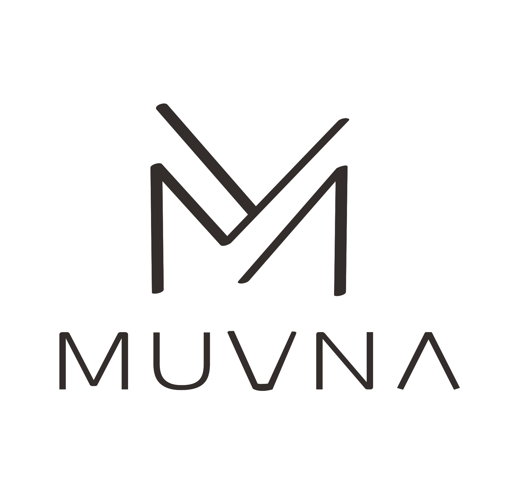 Stylised Logo with a split M in line art and the word Muvna below